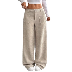 Pantaloni a gamba larga in velluto a coste beige a vita alta con tasche anteriori donna