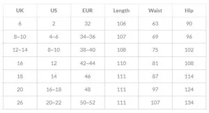 Size chart showing UK US EUR dimensions for black denim print straight trousers