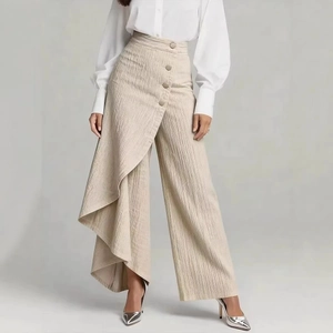 Pantalon palazzo beige taille haute boutonné avec drapé asymétrique fluide et élégant