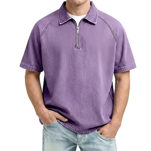 Men Retro Washed Cotton Polo Shirt Vintage Zipper Lapel Raglan Short Sleeve Slim Fit Casual Top For Daily Summer Fashion
