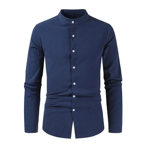 Detailed view of dark blue cotton linen fabric and stand collar on men's long sleeve shirt