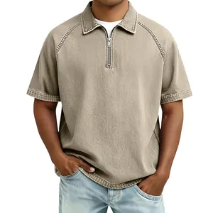 Men's vintage sand-colored heavy cotton polo shirt with quarter-zip and lapel collar