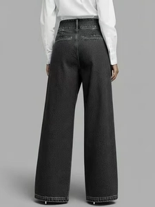 Rear view of high-waisted dark grey wide-leg trousers showing back pocket detail and fit