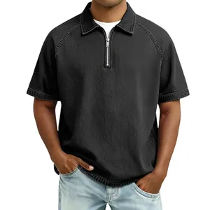 Men's stylish black short sleeve polo shirt with zipper and washed denim texture