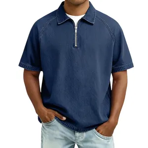 Men's navy blue short sleeve polo shirt with half-zip collar and raglan sleeves