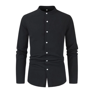 Detail of men's black linen shirt featuring a mandarin collar and white contrast buttons