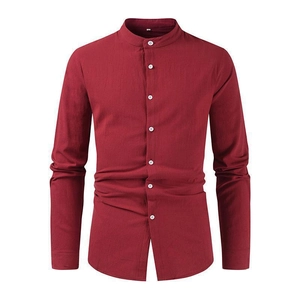 Close-up of dark red cotton linen shirt with mandarin collar and white contrast buttons