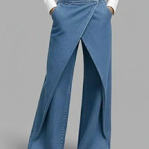 Women High Waisted Wide Leg Pants Denim Style Woven Fabric Cross Wrap Waist Golden Button Streetwear Casual Bottoms