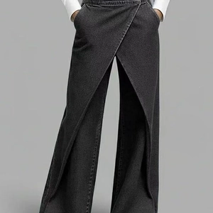Dark grey wide-leg denim trousers with unique crossover waist design and relaxed fit