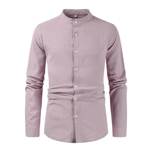 Detail of lavender cotton linen shirt featuring a grandad collar and premium fabric texture