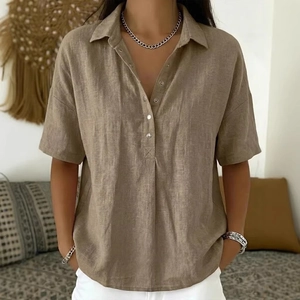 Chemise ample en lin kaki à manches courtes avec revers et patte de boutonnage pour femme
