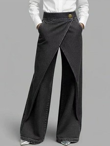 Dark grey high waist wide leg denim trousers with wrap-style front and gold button