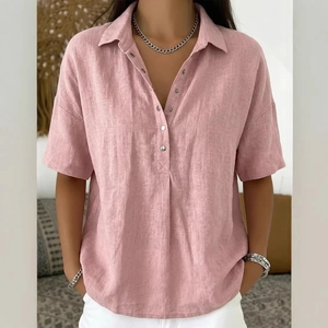 Chemise femme à manches courtes rose poudré avec texture en coton et lin décontractée