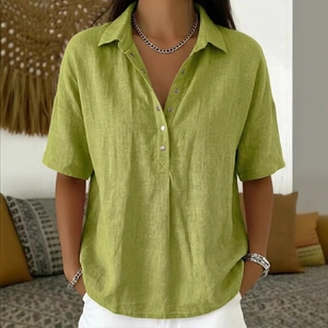 Chemise femme décontractée en lin vert fruit à manches courtes et col boutonné