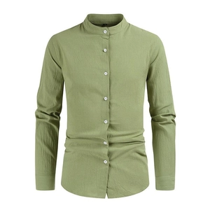 Men's green linen shirt featuring a mandarin collar and textured cotton blend fabric