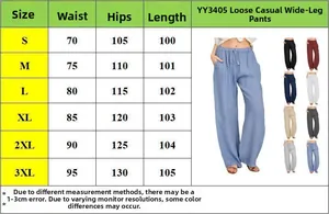 Size guide table for women's loose cotton linen trousers showing waist and hip measurements