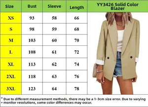 Detailed size chart for solid color blazer showing bust, sleeve, and length measurements