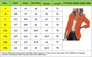 Size chart for women's casual blazer with bust and waist measurements from S to 5XL