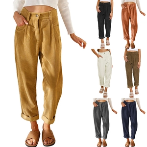 Women's high waist corduroy trousers in khaki with relaxed straight leg and rolled hem