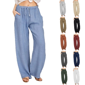 Women Casual Wide Leg Pants Cotton Linen Blend High Waist Elastic Drawstring Loose Fit Pockets Solid Color Soft Trousers