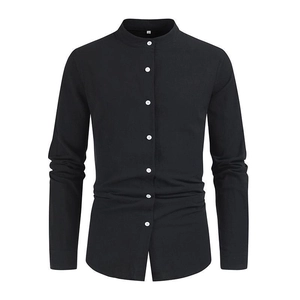 Men's minimalist black cotton linen long sleeve shirt with stand collar and white buttons