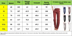 Detailed size chart for women's wide leg linen trousers including waist and length measurements