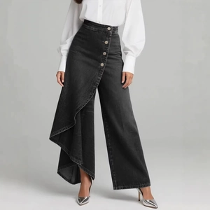 Pantalon en jean asymétrique à large jambe pour femme en gris foncé avec boutons