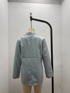 Rear view of grey-blue long-sleeve blazer with classic lapel and center back seam
