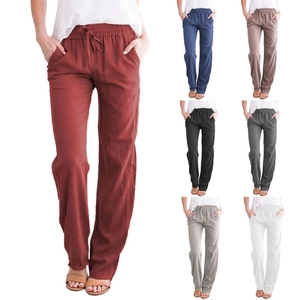 Women Casual Cotton Linen Pants Wide Leg Drawstring Trousers Solid Color Loose Fit For Summer Spring Female Fashion