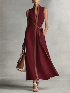 Elegant sleeveless dark red cotton linen maxi dress with contrasting trim and waist tie
