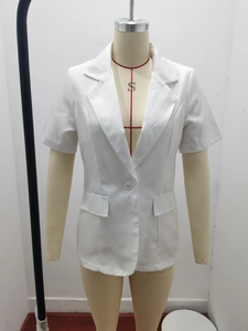 Detail view of white short-sleeved blazer featuring classic notch lapels and a single button