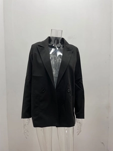 Detail view of black blazer with classic notch lapels and symmetric welt pockets
