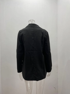 Rear view of black long-sleeved blazer featuring a clean cut and formal lapel design