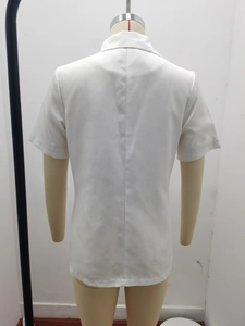 Rear view of white short-sleeved notched lapel blazer with structured back seam