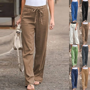 Women's summer cotton linen wide leg trousers with drawstring waist in multiple colors