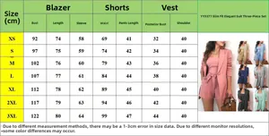 Tabella taglie dettagliata per completo tre pezzi donna con blazer, shorts e top