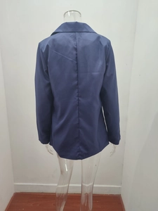 Back view of a deep blue single-breasted blazer showing the middle seam and long sleeves