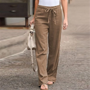 Detail of high-waist drawstring on brown cotton linen wide-leg trousers for women