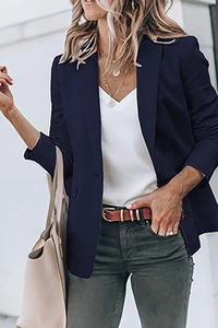 Detailed close-up of dark blue single-breasted blazer with notched lapel and button detail
