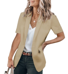 Close-up of khaki short sleeve blazer with classic lapel and single button closure detail