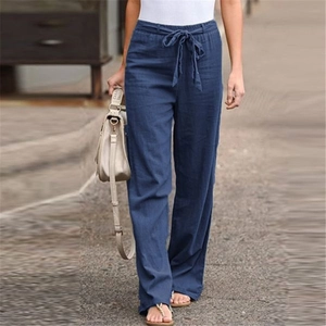 Women's high waist cotton linen wide leg trousers in navy blue with drawstring waist