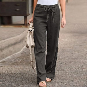Women's charcoal grey cotton linen wide leg trousers with elastic waist and drawstring