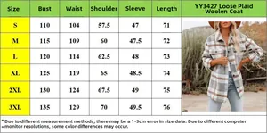 Detailed size chart for the women plaid wool coat showing bust and length measurements