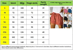 Detailed size chart for high waist drawstring wide-leg shorts ranging from S to 5XL