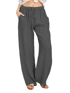 Detailed view of dark grey wide-leg pants with elastic drawstring waist and side pockets