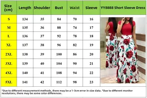 Tableau des tailles détaillé pour robe longue fleurie rétro du S au 5XL