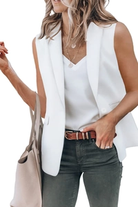 Close-up of white sleeveless blazer vest with notch lapels and pocket detail
