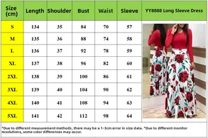 Tableau des tailles détaillé pour robe longue vintage à fleurs avec mesures du S au 5XL