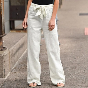 Women's summer wide leg linen trousers with high waist and tie-up bow belt in beige