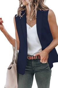 Detail of navy blue sleeveless vest with lapel collar and casual professional styling